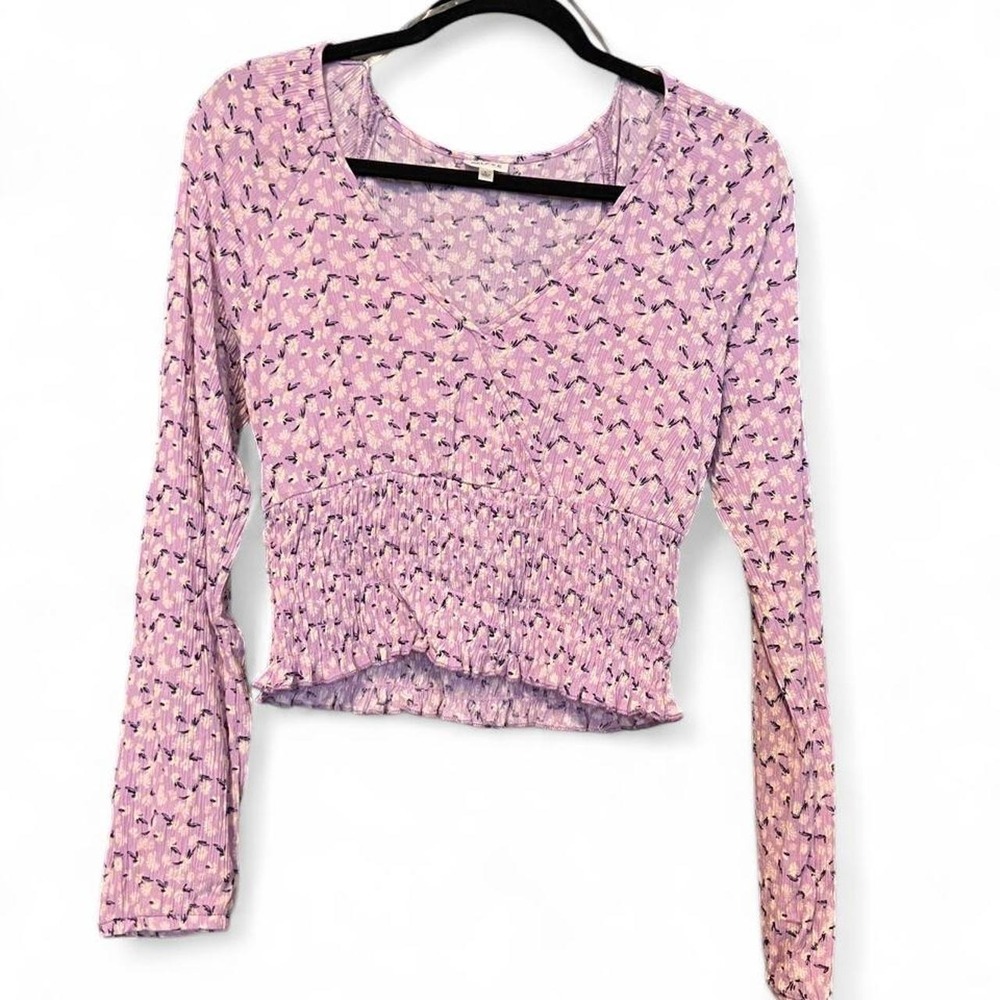 Lavender Daisy Print Self Esteem V-neck Long Sleeve Cropped Blouse Womens Lg Y2K